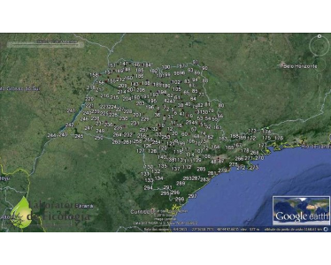 Imagem de satélite, retirada do Google Earth, do estado de São Paulo com os pontos em que foram realizadas coletas ambientais, ao todo foram 320 pontos de coleta distribuídos por todo o estado.